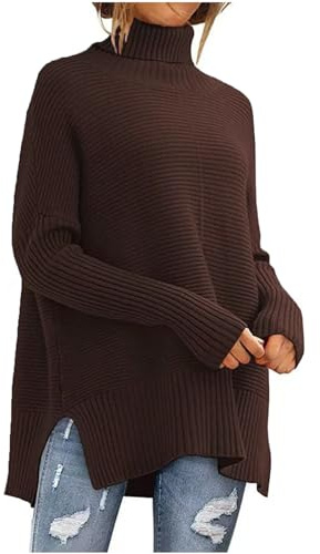 NSICBMNO Brown Women's Tunic Top Longline Jumper Long Sleeve Roll Neck High Neck Oversized Baggy Sweater Ladies Thick Warm Winter Slouchy Knitwear