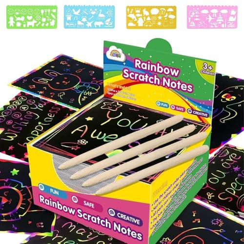 200 Stück Kratzbilder für Kinder, Blätter Regenbogen Kratzpapier mit 4 Holzstifte, 4 Malschablonen, Magic Scratch Book, Kratzbild Set zum Zeichnen und Basteln für Jungen Mädchen DIY (8.5 * 8.5 cm)