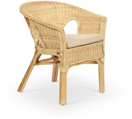 Desser Indoor Small Adults Wicker Loom Chair in Natural with Cloud Cushion – Fully Assembled Natural Cane – Dimensions: H72cm x W60cm x D60cm