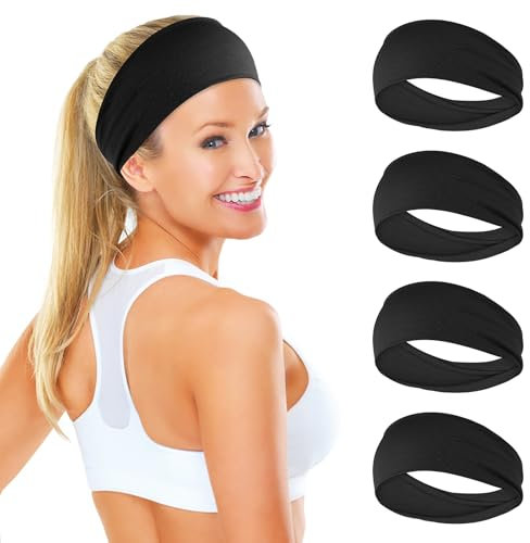 Sibba4 Stück Damen Stirnbänder Elastisch Rutschfest für Yoga Training Schweiß Ableitende Bänder Lauftraining Haarband Haar Accessoires (Schwarz)