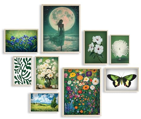 Eastern Print Eclectic Green Wall Art, Set Of 9 Pcs Unframed Posters, Vintage Room Decor Coquette, Green Painting Home Decor, Vintage Eclectic Wall Art Prints For Bedroom, Living Room, UNFRAMED