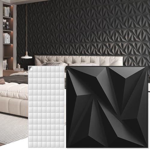 Art3d 3D paneles de pared decoración de interiores de pared con cinta adhesiva de PVC diamante para sala de estar vestíbulo dormitorio hotel oficina 30 x 30 cm 20 piezas Negro