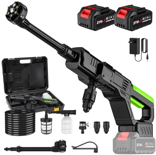 Idropulitrice a Batteria, 50 Bar Idropulitrice Portatile Senza Fili con 2 x 3.0Ah Batteria, Ugello 6 In 1, Tubo 5 m, Connettore del Rubinetto, Idropulit rice Per Lavaggio Auto Giardino Pulito