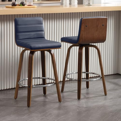 Bekrvio Swivel Counter Height Bar Stools Set of 2 with Back | Mid-Century Modern, Bentwood Frame, Faux Leather Seat, 360° Swivel Design, Heavy Duty 200KG