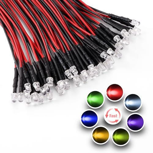 YIXISI 40 ST 3mm RGB 7-Färgers Snabbt Blinkande LED-Dioder, 12V 20cm Emitterande Dioder Förkopplade, LED-Dioderljus
