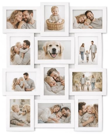 PALUPLUS Cornice multifoto per 12 fotografie di colore Bianco, Misura 63x48 cm, Portafoto da parete Collage, Formato foto 10x15 cm, per cucina, salotto, camera da letto -8725F -2,8
