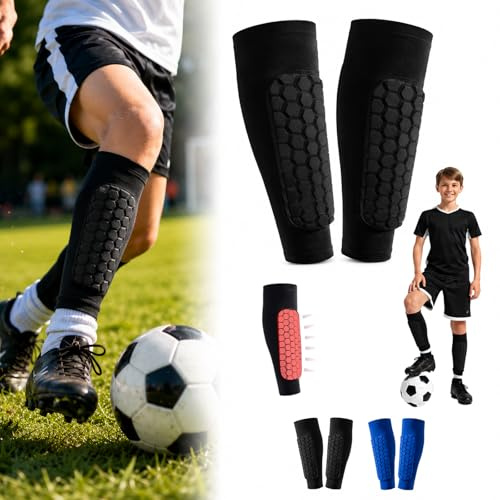 Football Shin Guards with Compression Sleeves, Non-Slip Honeycomb Shin Pads for Kids & Adults, Lightweight Breathable Leg Protection for Football Training, Matches & Sports
