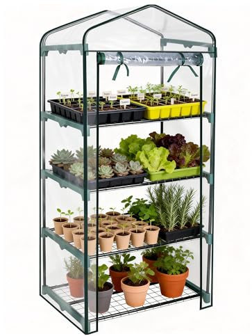 Worth Garden 4 Tier Mini Greenhouse - 63'' H x 27'' L x 19'' W - Sturdy Portable Gardening Shelves with PVC Cover - Small Green House Use in Indoor & Outdoor for Plants Flowers