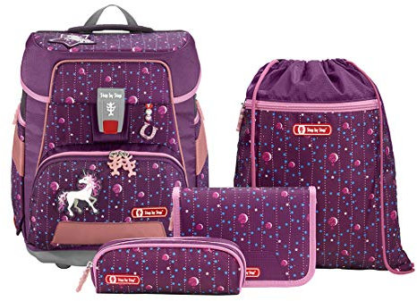 Step by Step Schulranzen-Set e-Space „Dreamy Unicorn“ 5-teilig, Beere, ergonomischer Tornister mit Brustgurt, elektronischem Hüftgurt, höhenverstellbar, ab der 1. Klasse, 20 Liter