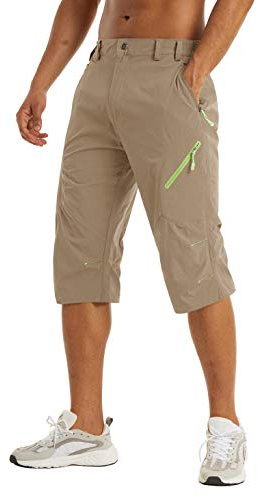 KEFITEVD Herrshorts, under knät, snabbtorkande, 3/4, vandring, långa promenadshorts, sommar, tunna capribyxor med 4 fickor med dragkedja, Khaki, 50 SE