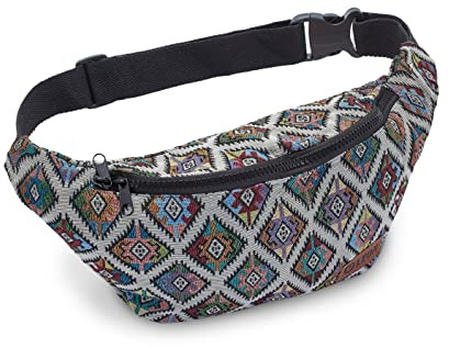 Leon Gürteltasche Bauchtasche Hüfttasche 100% Baumwolle Fanny Pack Belly Belt Moon Bag Bumbag Boho Hippie Tribal (GT Bunte Raute ZikzakBeige)