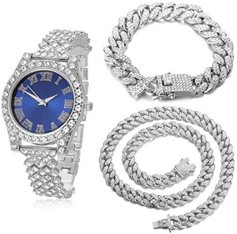HALUKAKAH Diamants Montre en Or,Enfant Plaqué Platine Or Blanc 36MM Largeur Bleu Cadran Quartz 20cm avec Chaîne Cubains 18+40cm Bracelet Collier, Boîte Cadeau Gratuite
