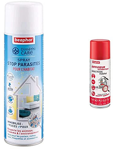 BEAPHAR – DIMETHICARE – Spray Stop parasites pour l’Habitat – 400 ML & Diffuseur Automatique Insecticide Habitat – Permet de Traiter 70 m² - Action Longue durée jusqu'à 6 Mois - Flacon 200 ML