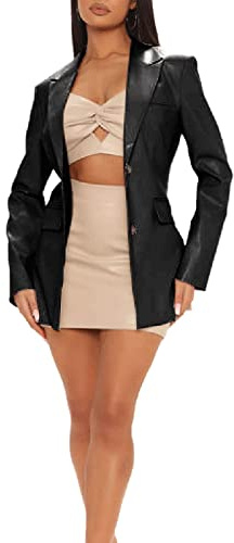 FeMereina Damen Leder-Blazer, langärmelig, übergroß, Revers, Kunstleder, Jacke, Knopfleiste, Vintage-Oberbekleidung, Schwarz , 48