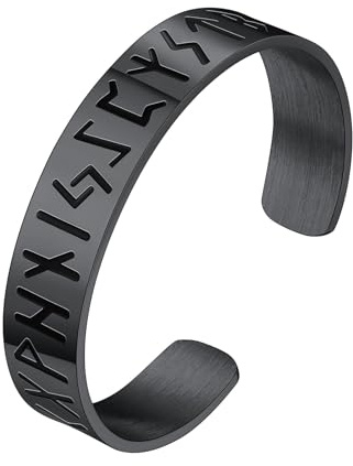 FaithHeart Pulsera Vikinga Runas Acero Inoxidable 316L Hombres Brazalete Liso Plano Ancho Letras Rúnicas Germánicas Joyería Vikinga Nórdica Protección Regalo Reyes Día Padre