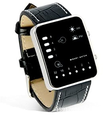 Generic Unisex Adult LED Leather Sport Wrist Digital Binary Watch (Black, One Size)