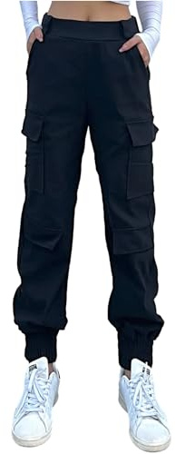 Nuofengkudu Haremshose Cargohose Damen Jogginghose Stretch High Waist Gummizug 4 Taschen Cargo Hosen Y2k Jogger Track Pants Joggpants Gothic Vintage Arbeitshose Streetwear Outdoorhose Schwarz M
