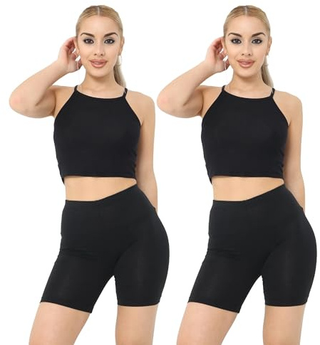The Fancy Dress® Pack of 2 Women's Cotton Cycling Shorts - Ladies Yoga Gym Workout Running Cycling Sports Shorts Stretchy 1/2 Length Over-Knee Legging Plus Size 6-30