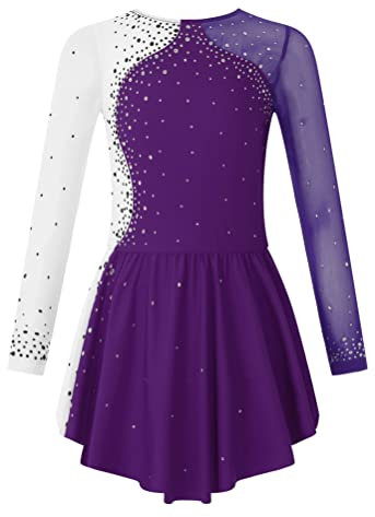 Aislor Tanzkleid Mädchen Pailletten Eiskunstlauf Kleid Kinder Langarm Ballettkleid Tanztrikot mit Rock Kleider Gymnastikanzug Wettbewerb Tanz Kostüme W Violett 122-128