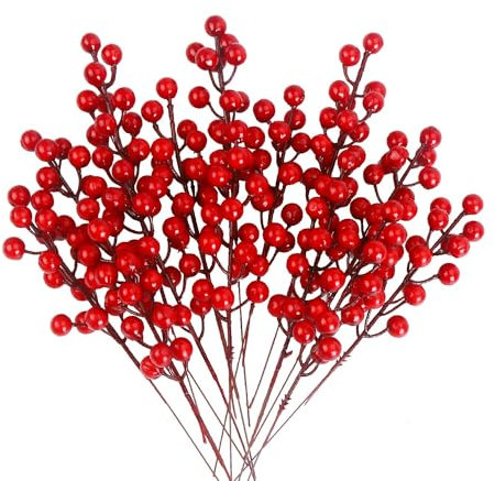 Künstliche Rote Stechpalmen Beeren - Roten Holly Beeren Zweige Weihnachten Deko - Weihnachten Picks Herbstzweige Weihnachtsbeeren Für DIY Christbaumschmuck Weihnachtskranz - Länge 20cm (20 Stück)