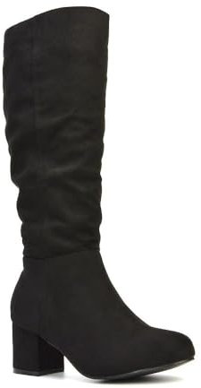 ESSEX GLAM Womens Mid Calf Boots Ladies Rouched Block Low Heel Slouchy Black Faux Suede Shoes Size 5