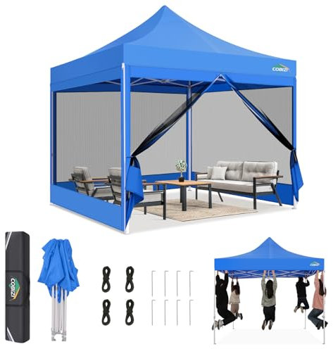 COBIZI Gazebo 3x3 Pieghevole Impermeabile, Tenda Esterna Resistente con Zanzariera Parete Laterale, Tendone Padiglione Pop Up per Feste Campeggio con Borsa (3 per 3m Blu)