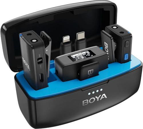 BOYA Lavalier Wireless MIC Mikrofon für iPhone Android Typ C, digitale Spiegelreflexkamera, integrierte Aufnahme, 980 Fuß Reichweite, 10 Stunden Akkulaufzeit, Dual-Empfänger, Mikrofon