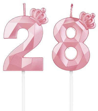 Geburtstagskerzen Zahlen mit Krone，Kerzen Geburtstag für Kuchen geburtstagsdeko, Geburtstag Kerzen Zahlen, Geburtstagskerzen Kinder für Partys, Hochzeiten, Firmenfeiern, Jubiläen (Rosa, Number 28)
