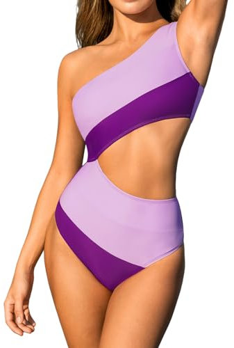 CUPSHE Damen Badeanzug One Shoulder Zierausschnitte Farbverlauf Colorblock Asymmetrische Einteilige Bademode Swimsuit Flieder/Lila L