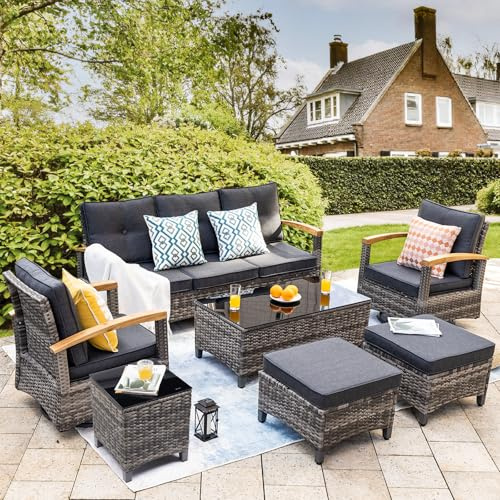 MEISSALIVVE 7 Pieces Patio Furniture Sets,PE Wicker Outdoor Conversation Sets with 2 Wood Armrests Swivel Rocker Chairs, 2 Ottoman, 3-seat Sofa and Coffee Table(Grey)