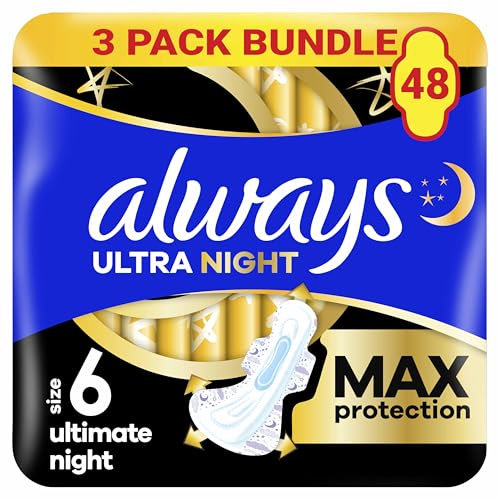Always Ultra Sanitary Towels Secure Ultimate Night (Size 6) with Wings 3 x 16 Pads, Super Absorbent and Ultra Thin, for Menstrual Periods