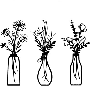 Lixstyea 3Pcs Metal Flowers Wall Art Decor - Black Artwork Wall Decoration, Metal Vase Wall Art Deco, Flower Line Hanging wall-Sculptures, Suitable for Bedroom, Living Room and Kitchen