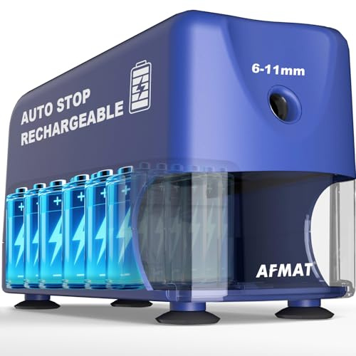 AFMAT Heavy Duty Electric Pencil Sharpener, Auto Stop Classroom Rechargeable Pencil Sharpener with Container for 6-11mm No.2/Colored Pencils, Standard/Large Pencils, Fast Sharpen in 3s,Blue,PSD3