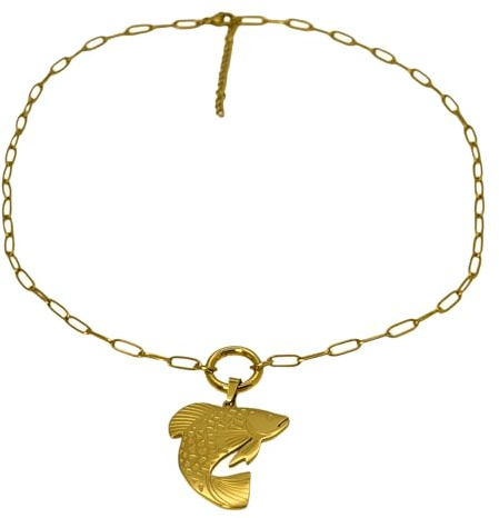 18K PVD Gold Stainless Steel Fish Pendant Necklace with Paperchain Design, Spring Clasp Chain, 45cm Extension Chain