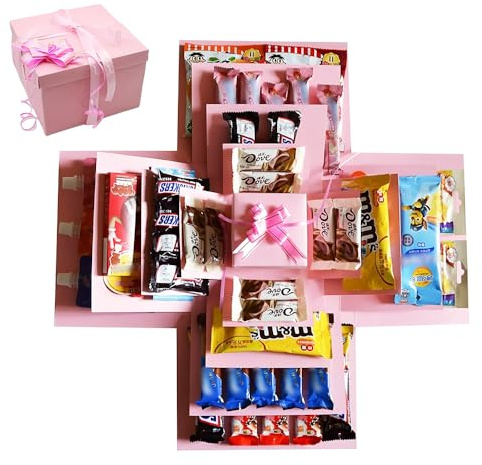 DIY Explosion Gift Box, 5 Layer Snack Explosion Box, Creative Explosion Box with Ribbon and Tape, Surprise Boxes for Birthdays, Weddings, Anniversaries, Valentine's Day, Christmas (Pink)