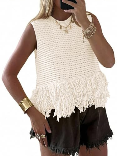 Saodimallsu Womens Crochet Crop Tank Tops Sleeveless Fringe Crew Neck Trendy Boho Knit Summer Sweater Vest White