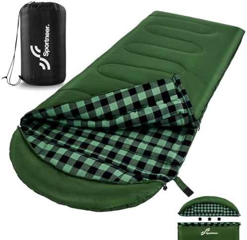 Sportneer Saco de Dormir de Franela de Invierno para Adultos, 220×85 cm, 2 kg, con Capucha Desmontable y Funda de Almohada, Ligero y Cálido para Camping, Senderismo, Mochileros y Viajes