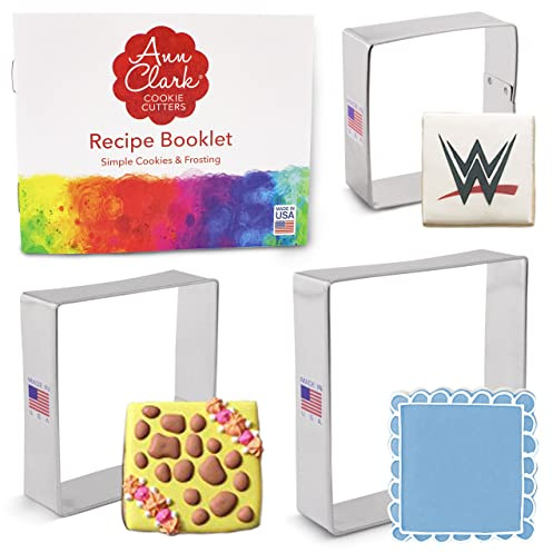 Ann Clark Square Cookie Cutters Set of 3 Sizes, Made in USA
