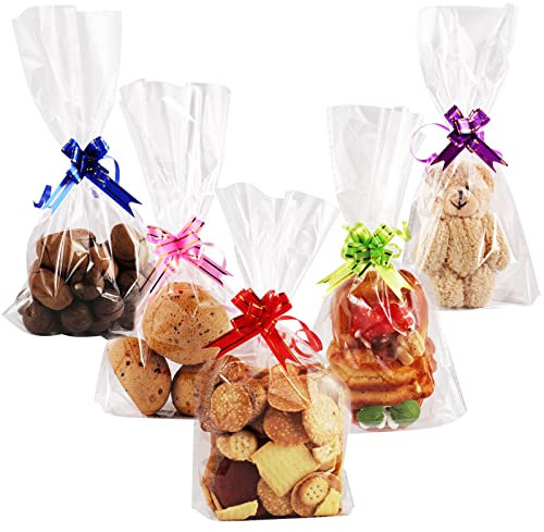 50 Stück Cellophantüten, 15 x 25 cm Große Transparente Zellophantüten mit 50 Geschenkschleife, Plätzchentüten Tüten Zum Befüllen, Verpackungstüten für Geschenktüten Weihnachten Schokolade Keks