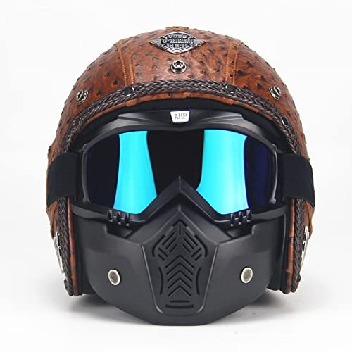 Ruiqieor Jethelm Retro Motorradhelm Scooter Motorrad Mofa-Helm Mit Brille Maske Abnehmbare Sonnenblende Halbschalenhelm Für Jungen Und Mädchen (Brown 2,L-58-59cm)