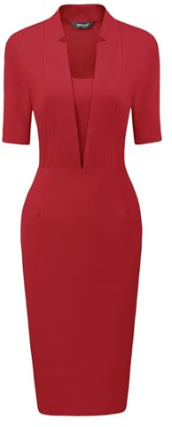 Allegra K Abito a tubino da donna, con scollo a V, maniche corte, per lavoro, ufficio, aderente, Rosso, S