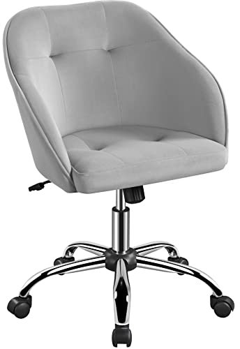 Yaheetech Velvet Desk Vanity Chair Swivel Adjustable Office Computer Chair for Home Dressing Table with Wheels&Armrests Living Room, Bedroom Light Gray