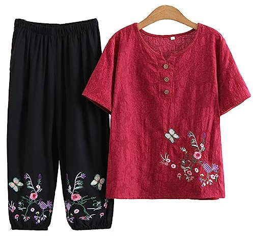 QPZK Mujeres Tang Suit Hanfu Ropa Tradicional China, Ancianos Tai Chi Uniformes para Mujeres Arte marcial Kung Fu Bording Borded Camiseta de Manga Corta y Pantalones red-5XL