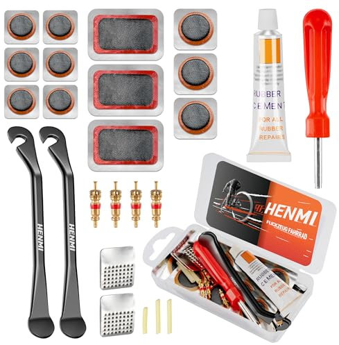 HENMI Flickzeug Fahrrad Reparaturset, Tragbar Fahrrad Flickzeug Set mit Reifenreparaturkleber, Patch, Metall Reifenheber, Fahrrad Ventileinsatz, Ventilschlüssel Kompatibel mit Allen Fahrradschläuchen