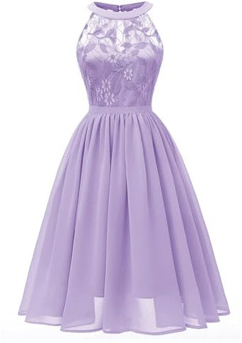 Generic Süßes Flieder-Spitzen-Chiffon-Plisseekleid, Elegantes Midi-Kleid für Damen mit hoher Taille, ärmelloses Sommer-Abend-Partykleid, Flieder, S