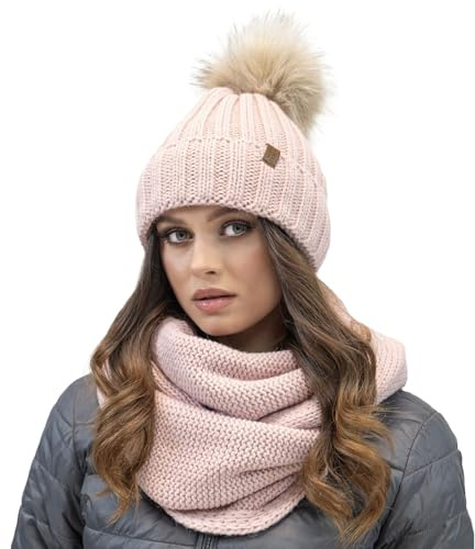 Vivisence Gorro Y Bufanda Redonda De Mujer para Otoño E Invierno Conjunto De Moda con Pompon Forro Polar Interior Material Suave Diseño Plegable con Parches De Cuero Ecológico, Rosa,Talla Única