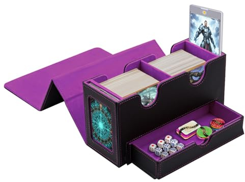 Tolesum Boîte à Cartes Double Couche pour MTG, avec Tiroir pour Dés, 2 Fenêtres D'affichage Latérale, Magnetic Deck Box Contenir à 300+ Cartes pour Commander TCG Cartes à Collectionner - Violet Noir