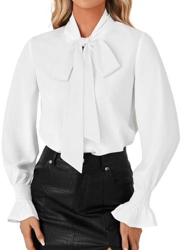 LYANER Women's Bow Tie Neck Blouse Ruffle Long Sleeve Business Dressy Office Shirt Top White Large