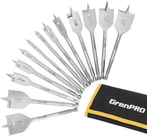 GRENPRO 13-Piece Spade Drill Bit Set, Paddle Flat Bits for Woodworking, 1/4 to 1-1/2, Quick Change Hex Shank, Nylon Storage Pouch Included