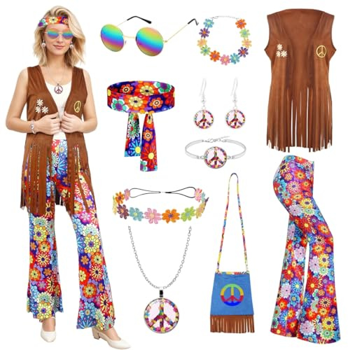 COYBTO Deguisement Hippie Femme, Deguisement Année 60 Année 70 avec Gilet Sans Manche Robe Hippie Boheme Lunettes, Deguisement Disco Femme, Costumes Hippie pour Cosplay Carnaval Bal Masqué